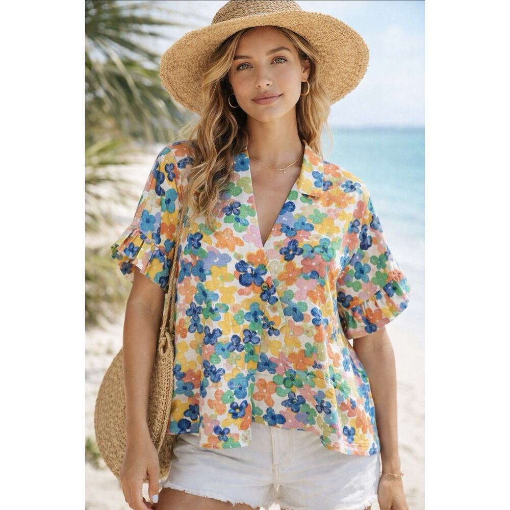 NWT Brooke Wright Ditzy Floral Kimono Top OS Linen Cotton Boho Resort Blouse USA